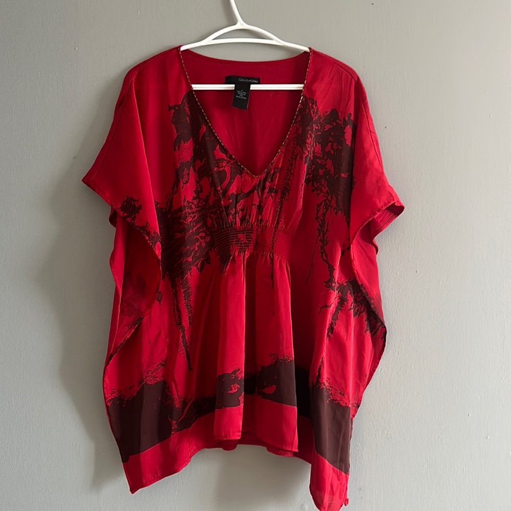 Calvin Kline jeans blouse shirt synched waist size M medium red